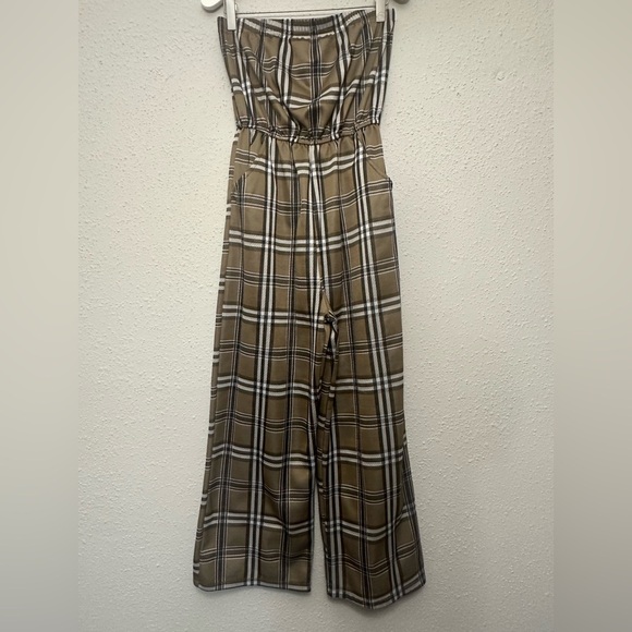 Brown and White Plaid Jumpsuit with High Waist and Wide Legs - Picture 1 of 6
